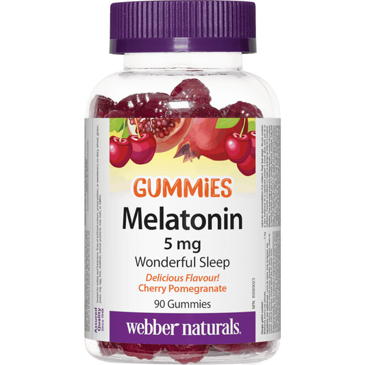 Bottle of Webber Naturals Melatonin gummies with cherry and pomegranate flavor on a white background
