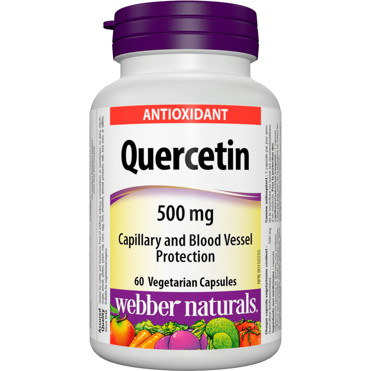Bottle of Webber Naturals Quercetin supplement with purple cap on a white background available from natural vitamin direct inc Canada