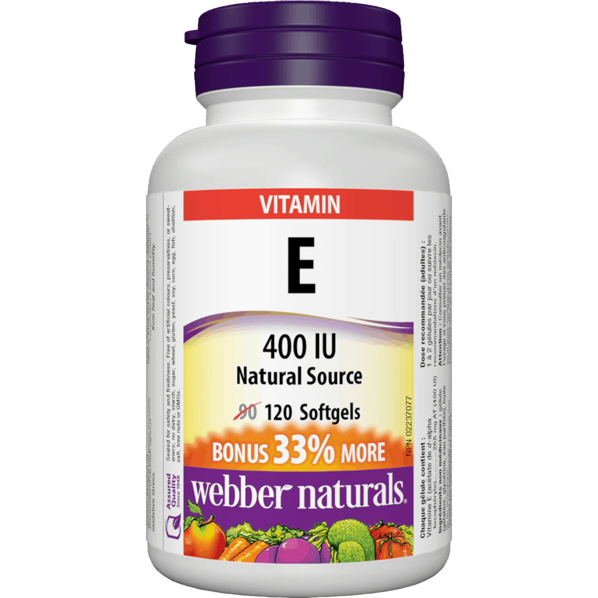 Webber Naturals Vitamin E 400 IU supplement bottle on a white background available at natvd.com Natural Vitamin Direct