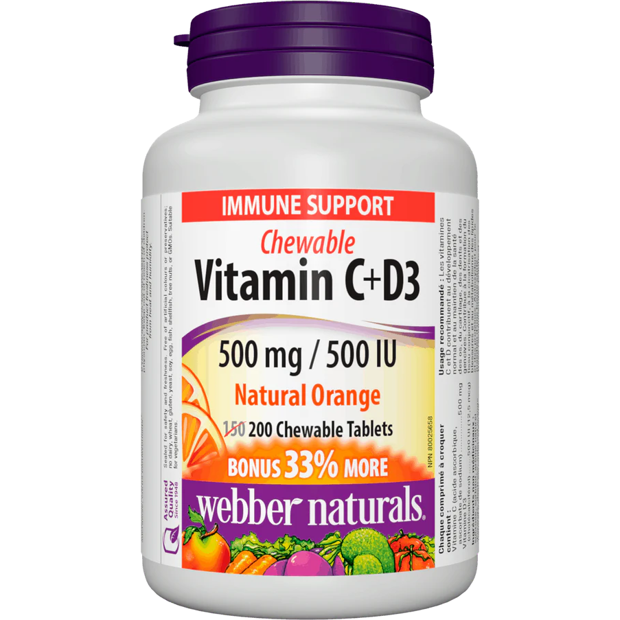 Vitamin C+D3 supplement bottle with colorful label on a white background natvd.com natural vitamin direct