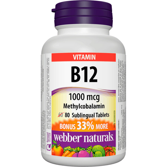 Webber Naturals B12, 1000 mcg Sublingual (Methylcobalamin), 80 Tablets Bonus Pack