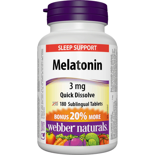 Melatonin supplement bottle with purple cap and label on a white background