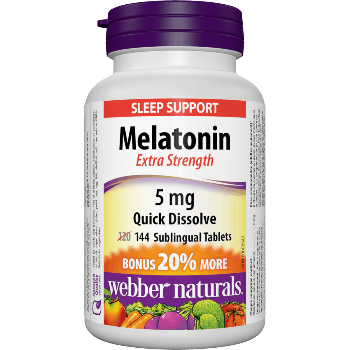 Melatonin supplement bottle with purple cap on a white background