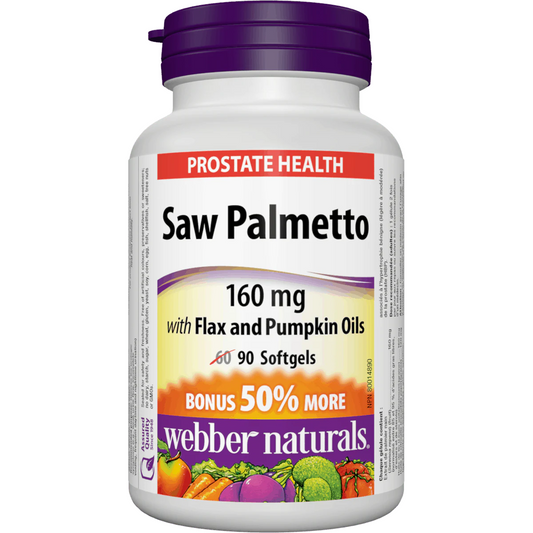 Saw Palmetto supplement bottle with purple cap and white label on a white background