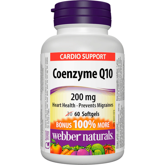 Coenzyme Q10 supplement bottle with purple cap and label on a white background