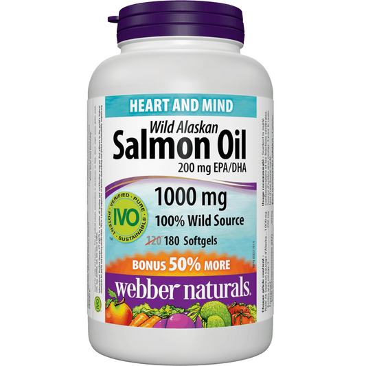 Webber Naturals Wild Alaskan Salmon Oil supplement bottle on a white background