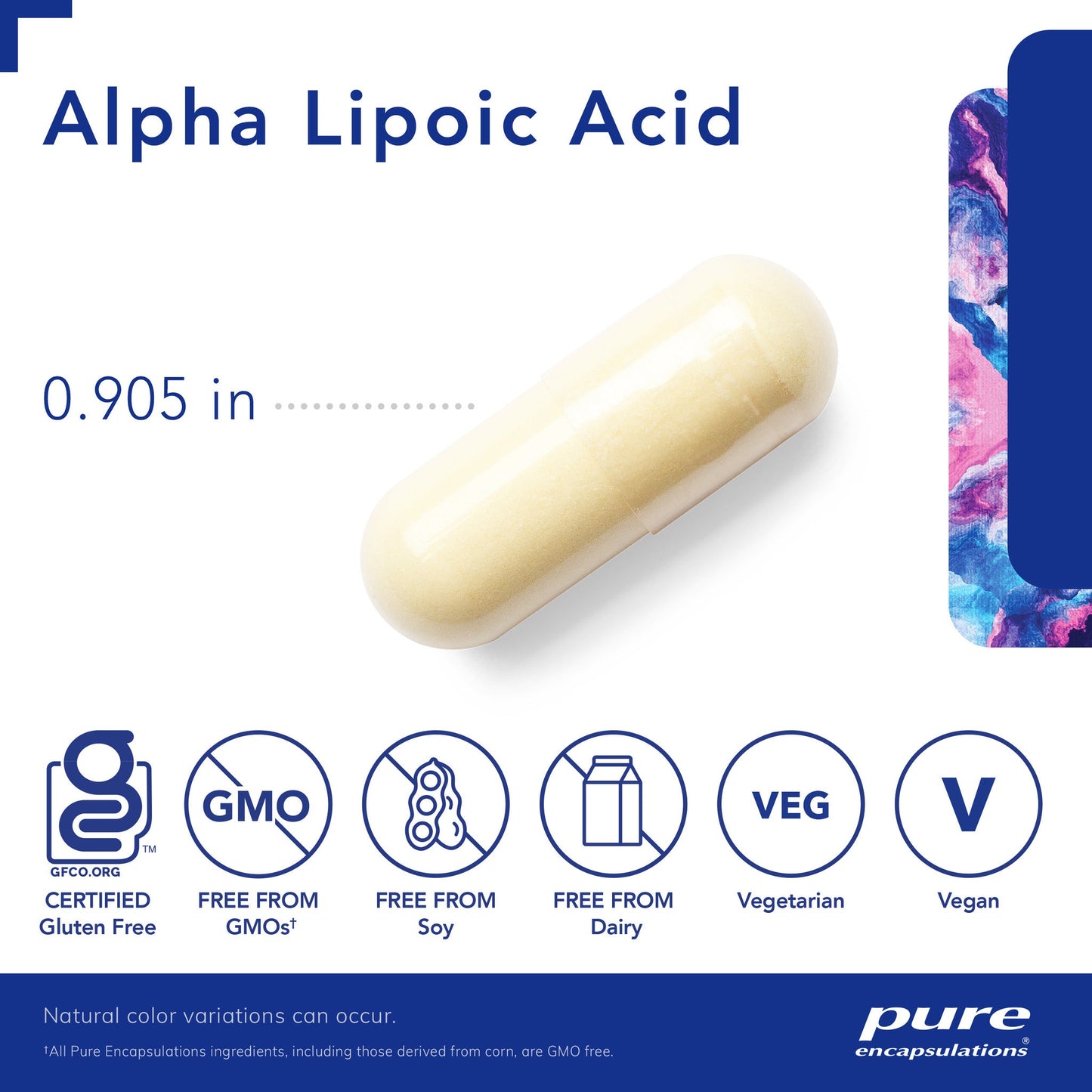 Alpha Lipoic Acid supplement capsule with certification icons and product details on a white background. available online natvd.com