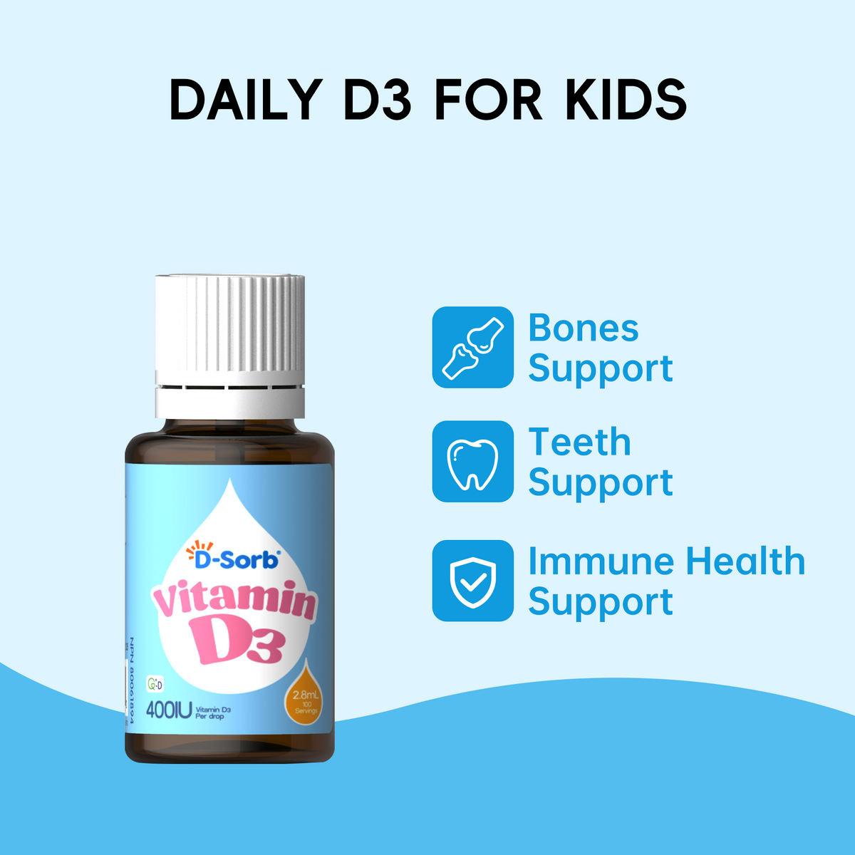 D-Sorb Vitamin D3 daily supplement bottle for kids, shown on a light blue background with text highlighting bones, teeth, and immune health support.