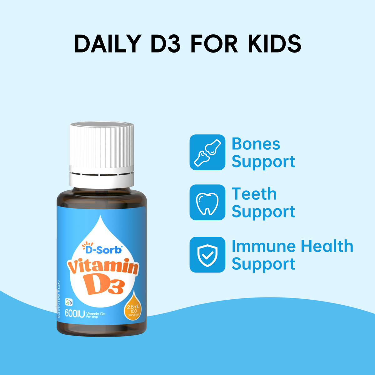 A bottle of D-Sorb Vitamin D3 for kids shown on a light blue background with text reading 'DAILY D3 FOR KIDS' and feature icons for bones support, teeth support, and immune health support.