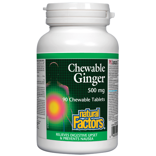 Bottle of Natural Factors Chewable Ginger supplement on a white background
