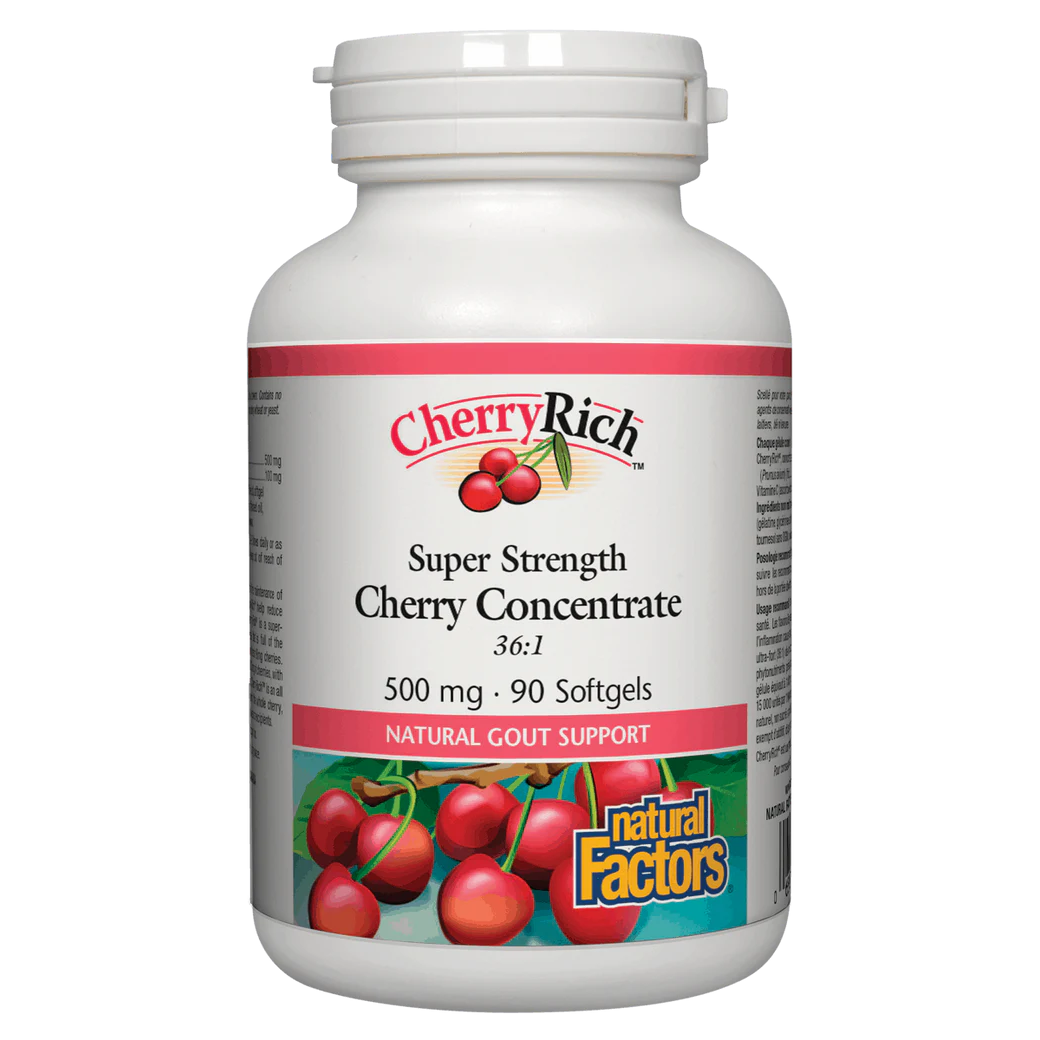 Bottle of Cherry Rich Super Strength Cherry Concentrate on a white background Canadian version label sold by natvd.com Natural Vitamin Direct Inc Natural Factors