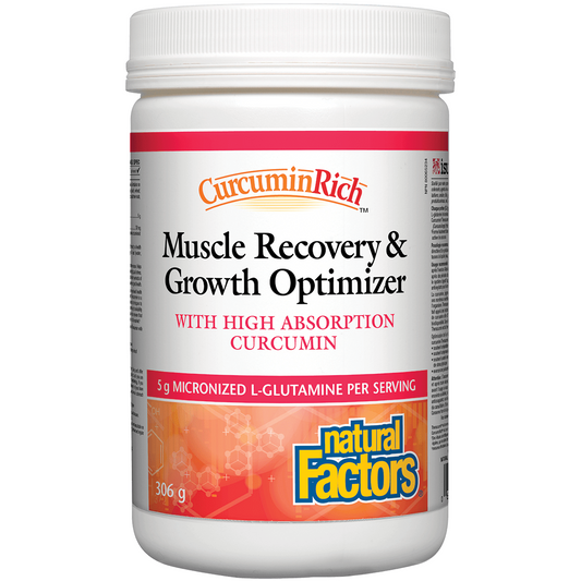 Container of CurcuminRich Muscle Recovery & Growth Optimizer by Natural Factors on a white background
