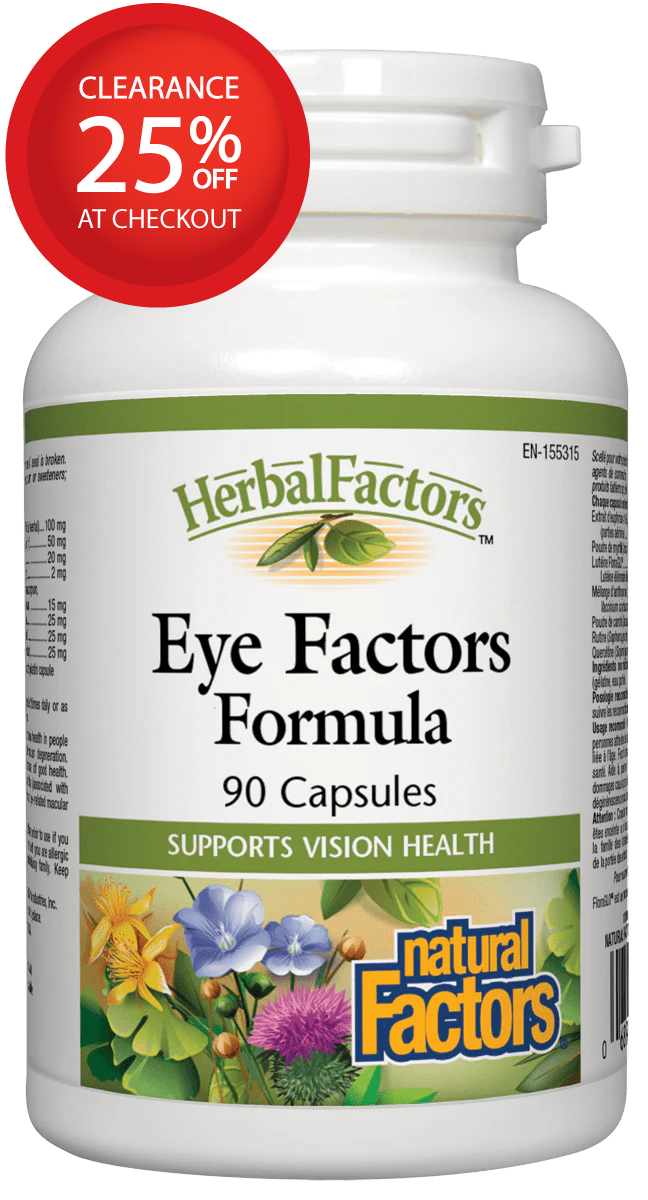 Herbal Factors Eye Factors Formula supplement bottle with clearance label on a white background
