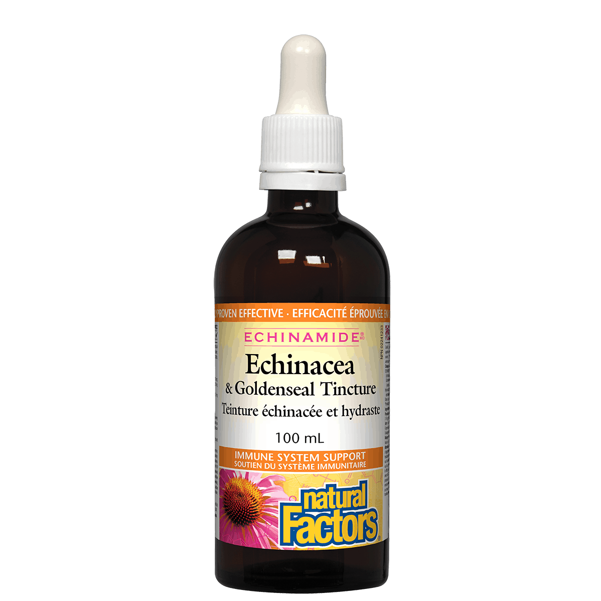 Bottle of Echinacea & Goldenseal Tincture with dropper labeled 'Natural Factors' on a white background