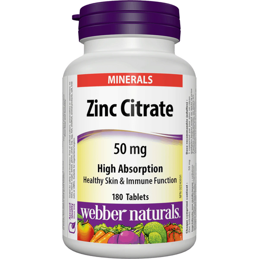 Bottle of Webber Naturals Zinc Citrate supplement on a white background