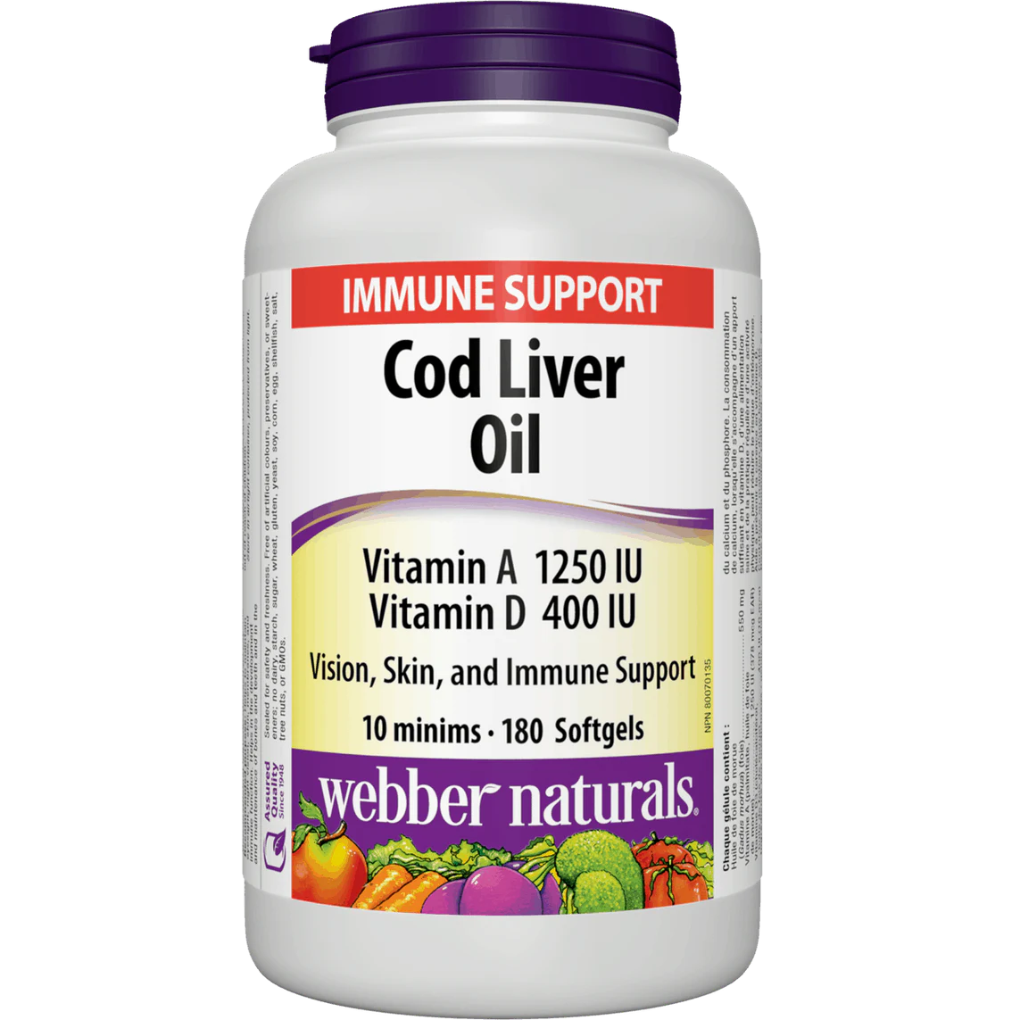 Cod liver oil supplement bottle with label on a white background Webber Natural Canada natvd.com