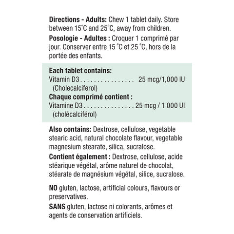 Jamieson Chewable Vitamin D, 1000IU, Chocolate flavour, 100 tablets ingredients 健美生