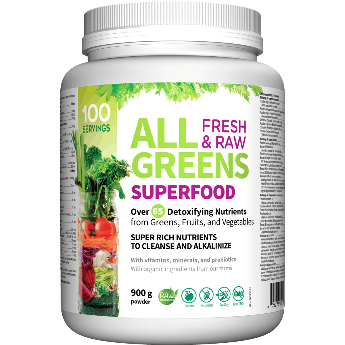 Superfood supplement container with green and white label on a white background
