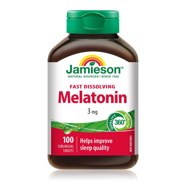 Bottle of Jamieson Melatonin tablets on a white background natvd
