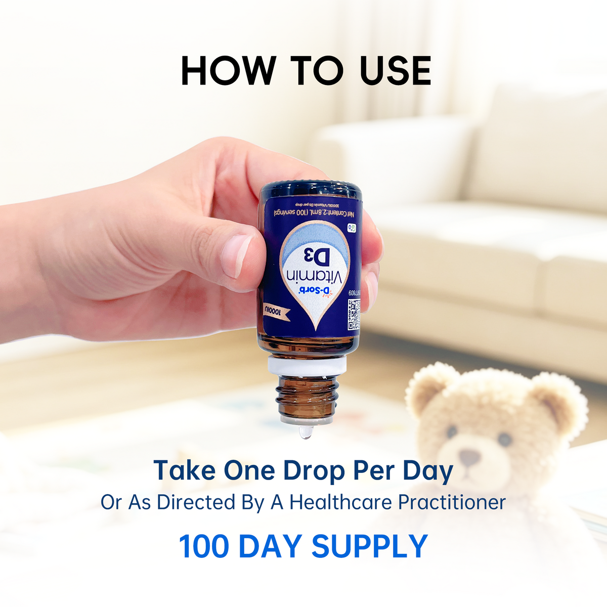 A hand holds a small amber bottle labeled 'B3 Vitamin' over a blurred living room background, with text reading 'HOW TO USE' and 'Take One Drop Per Day Or As Directed By A Healthcare Practitioner 100 DAY SUPPLY.'.