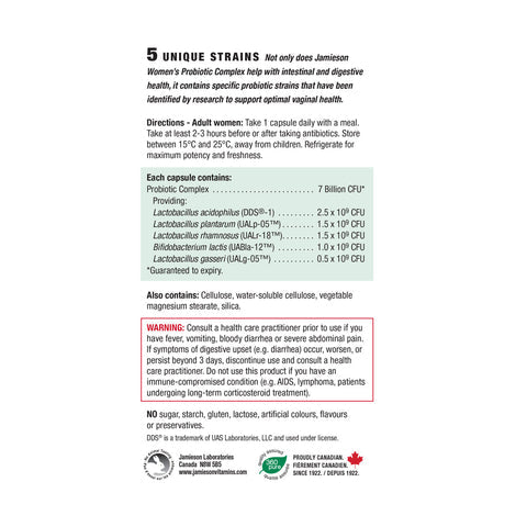 Jamieson Women's Probiotic Complex, 45 caps ingredients 健美生