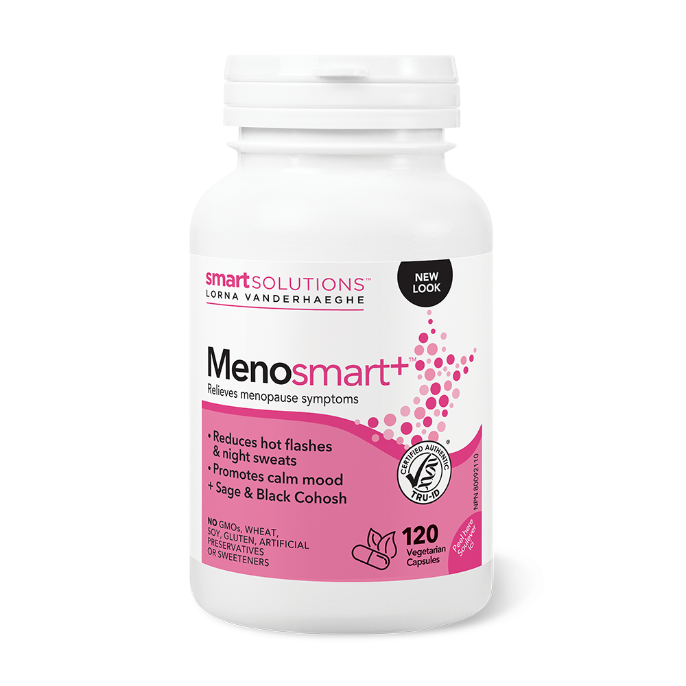 Menopause supplement bottle labeled 'MenoSmart+' on a white background