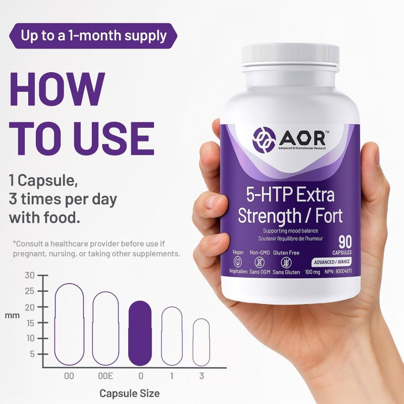 AOR 5-HTP 超強效配方 90 粒素食膠囊 改善抑鬱和焦慮 改善睡眠