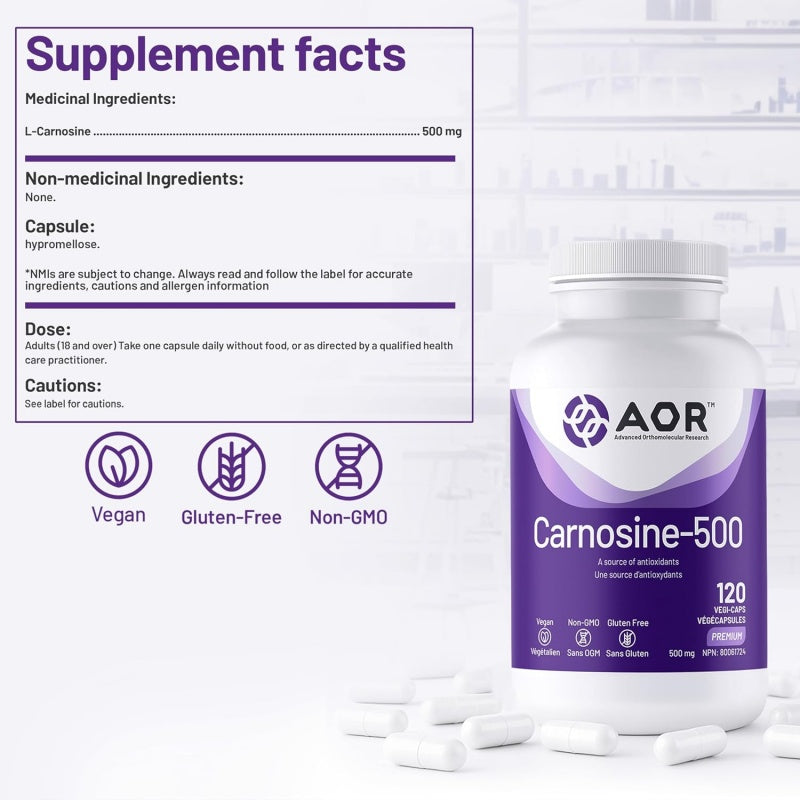 AOR 抗衰老肌肽-500， 120粒素食胶囊 支持细胞功能、肌肉活力和认知健康