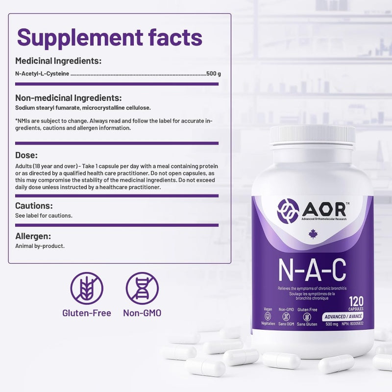 AOR N-A-C N-乙酰半胱氨酸 500毫克，120粒 抗氧化与免疫 清除肺部粘液祛痰