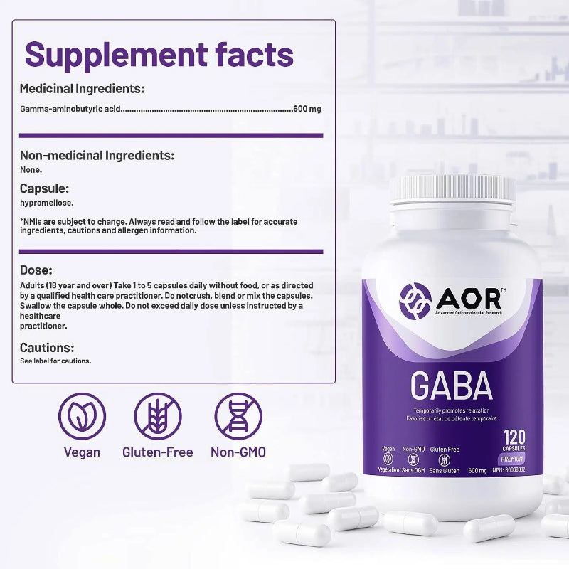 AOR GABA Capsules, 600mg, 120 Vegan Capsules