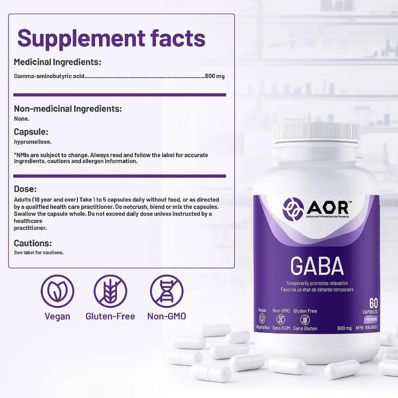 AOR GABA胶囊，600毫克，60粒素食胶囊 缓解紧张情绪，保持思维清晰