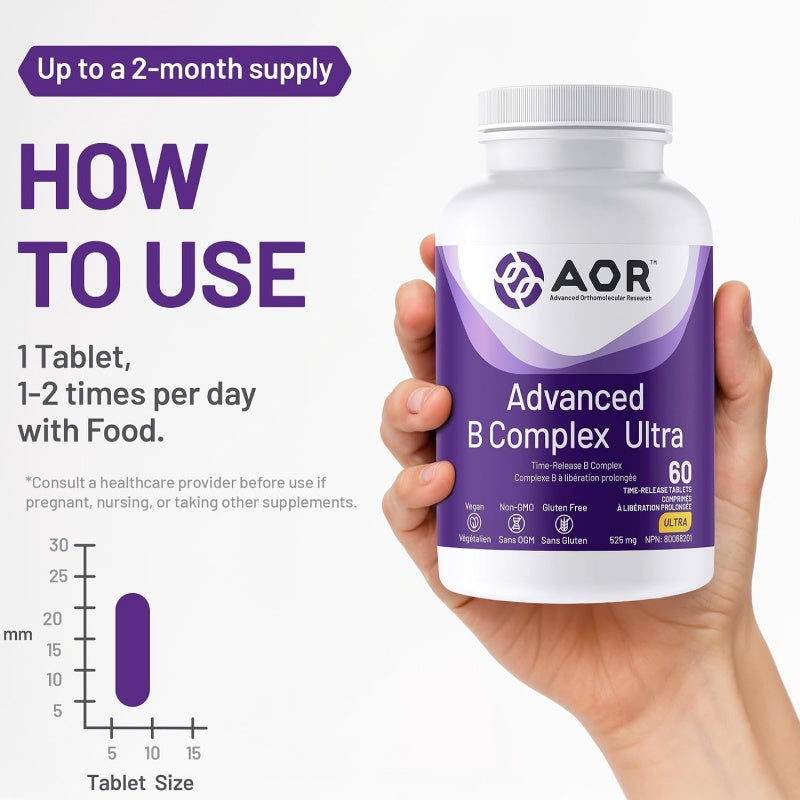 AOR 高级复合维生素 B 易吸收 60 缓释素食片 支持新陈代谢和红细胞生成