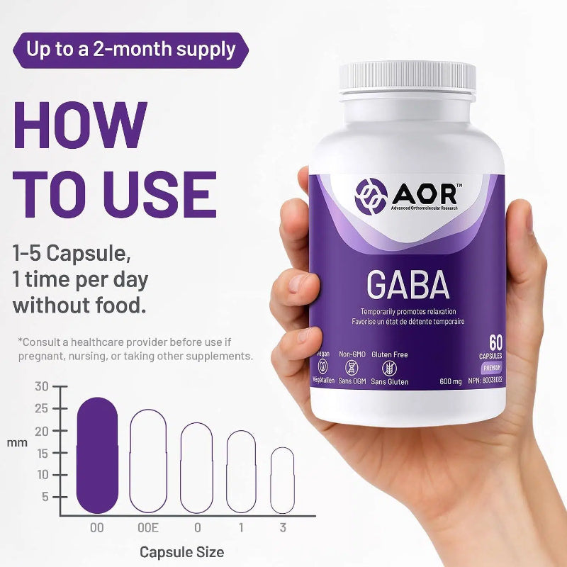 AOR GABA胶囊，600毫克，60粒素食胶囊 缓解紧张情绪，保持思维清晰
