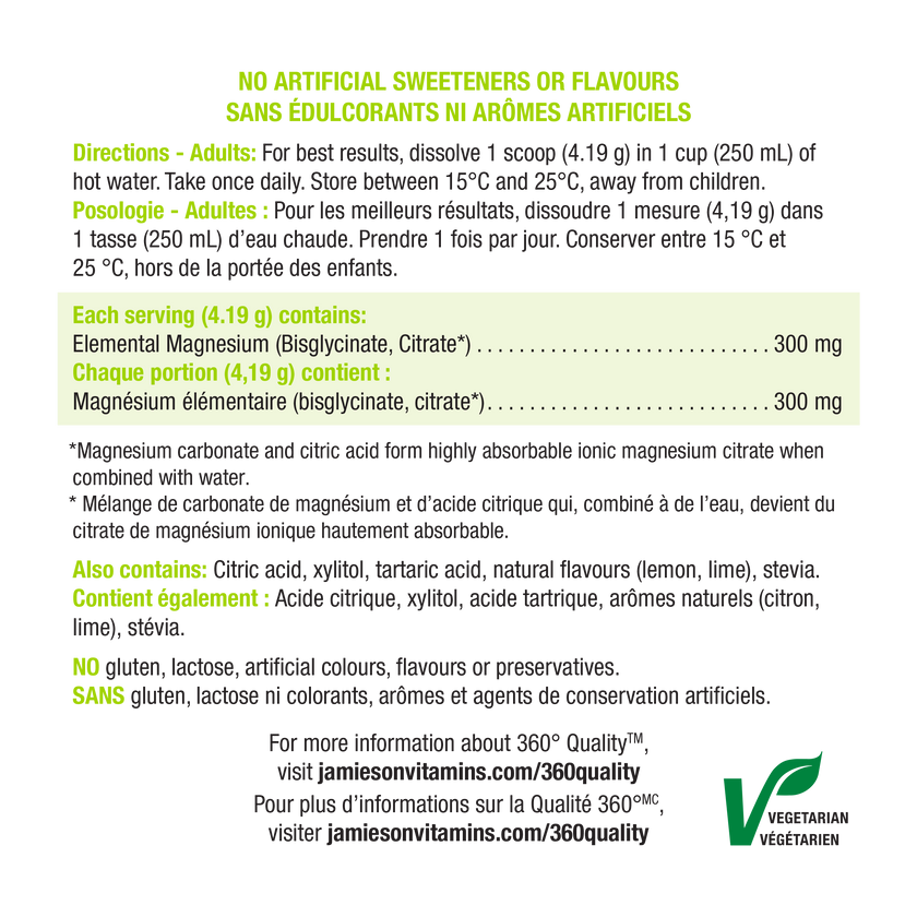 Jamieson Magnesium Bisgylcinate Plus Citrate Powder Lemon Lime 228g