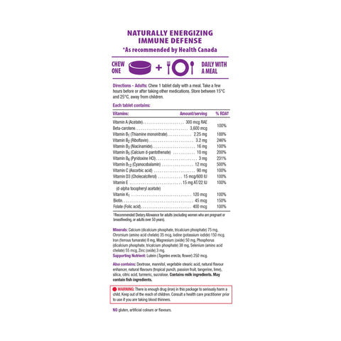 Jamieson 100% Complete Multivitamin for Adults, 80 Chewable  facts panel