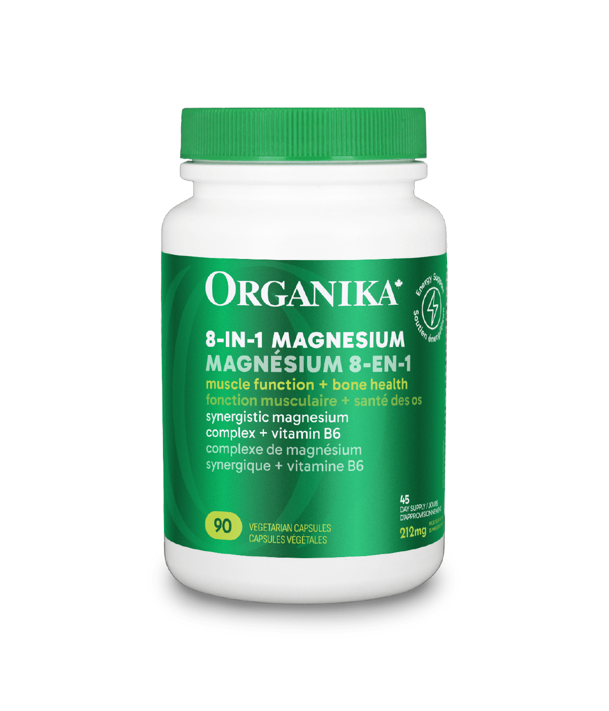 Organika magnesium supplement bottle on a green background