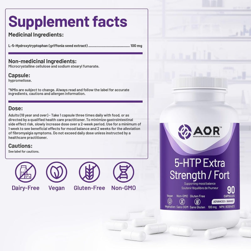 AOR 5-HTP 超強效配方 90 粒素食膠囊 改善抑鬱和焦慮 改善睡眠