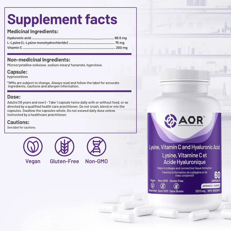 AOR Lysine, Vitamin C & Hyaluronic Acid 60 Capsules
