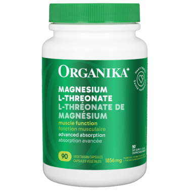 Organika magnesium supplement bottle with green cap and label on a white background