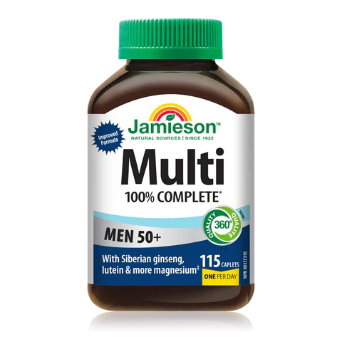 Jamieson Multi 100% Complete supplement bottle for men 50+ on a white background sold by natvd.com
