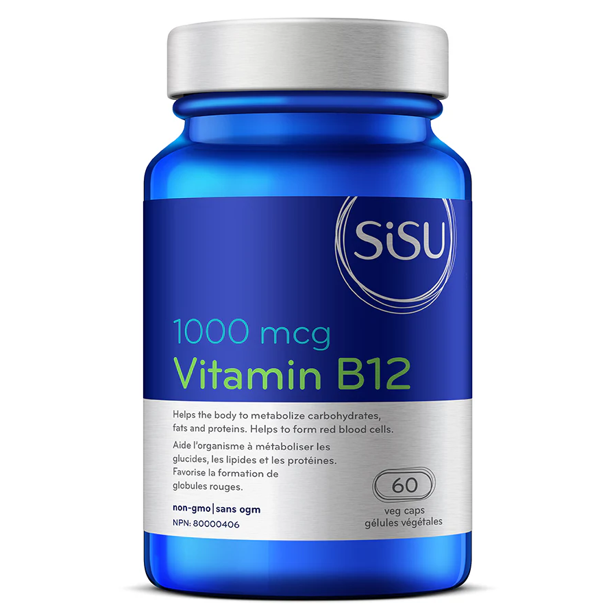 Blue supplement bottle labeled 'SiSU Vitamin B12' on a white background available for purchase at natvd.com natural vitamin direct canada