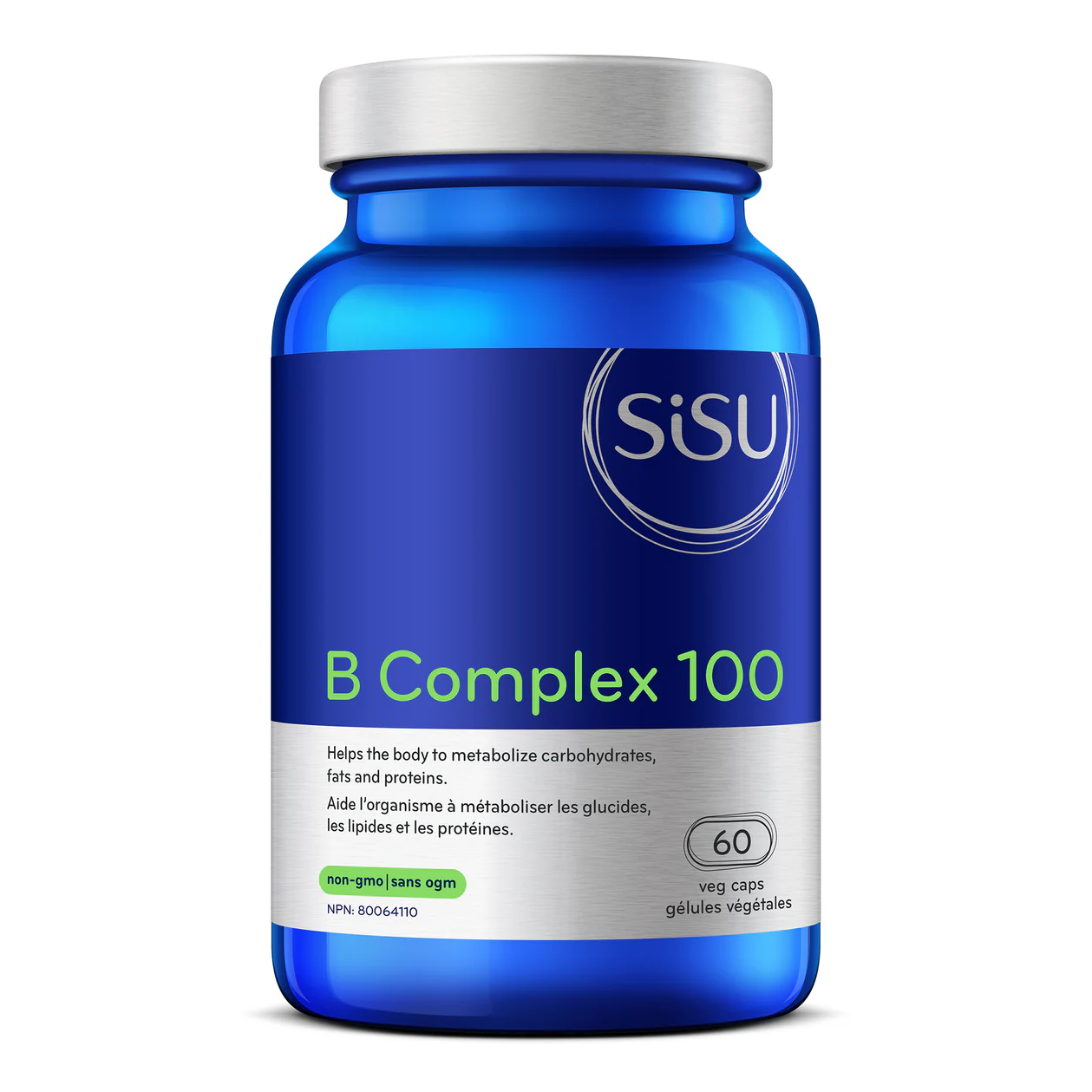 Blue supplement bottle labeled 'SISU B Complex 100' on a white background