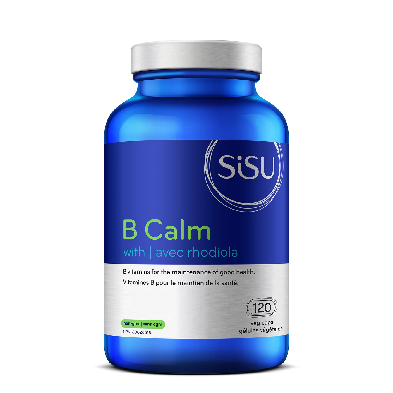Blue supplement bottle labeled 'B Calm' with 'SISU' branding on a white background available on natvd.com