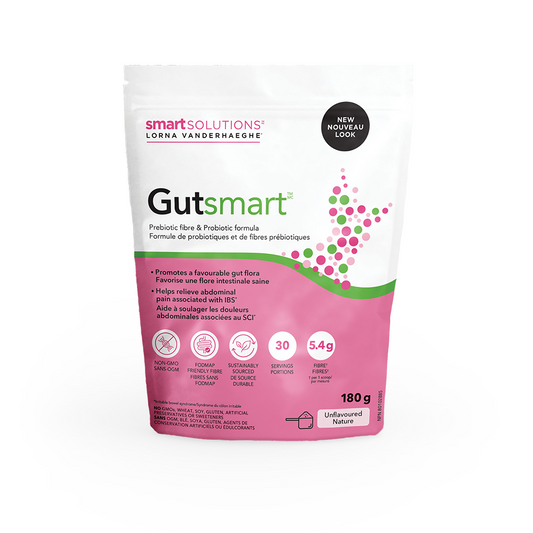 Gutsmart prebiotic fiber and probiotic formula package by smartSOLUTIONS on a white background