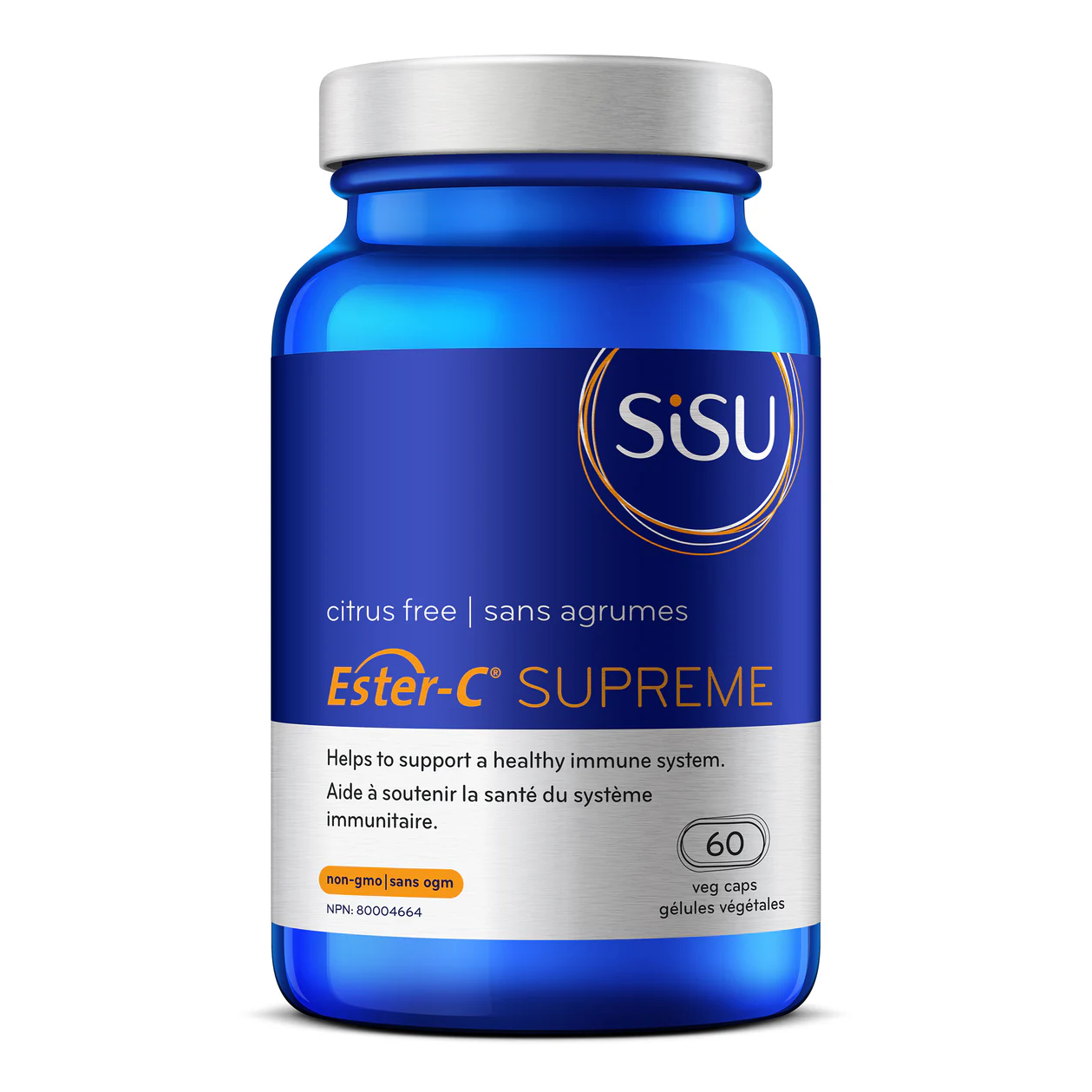 Blue supplement bottle labeled 'SISU Ester-C Supreme' on a white background natvd Natural Vitamin Direct Inc