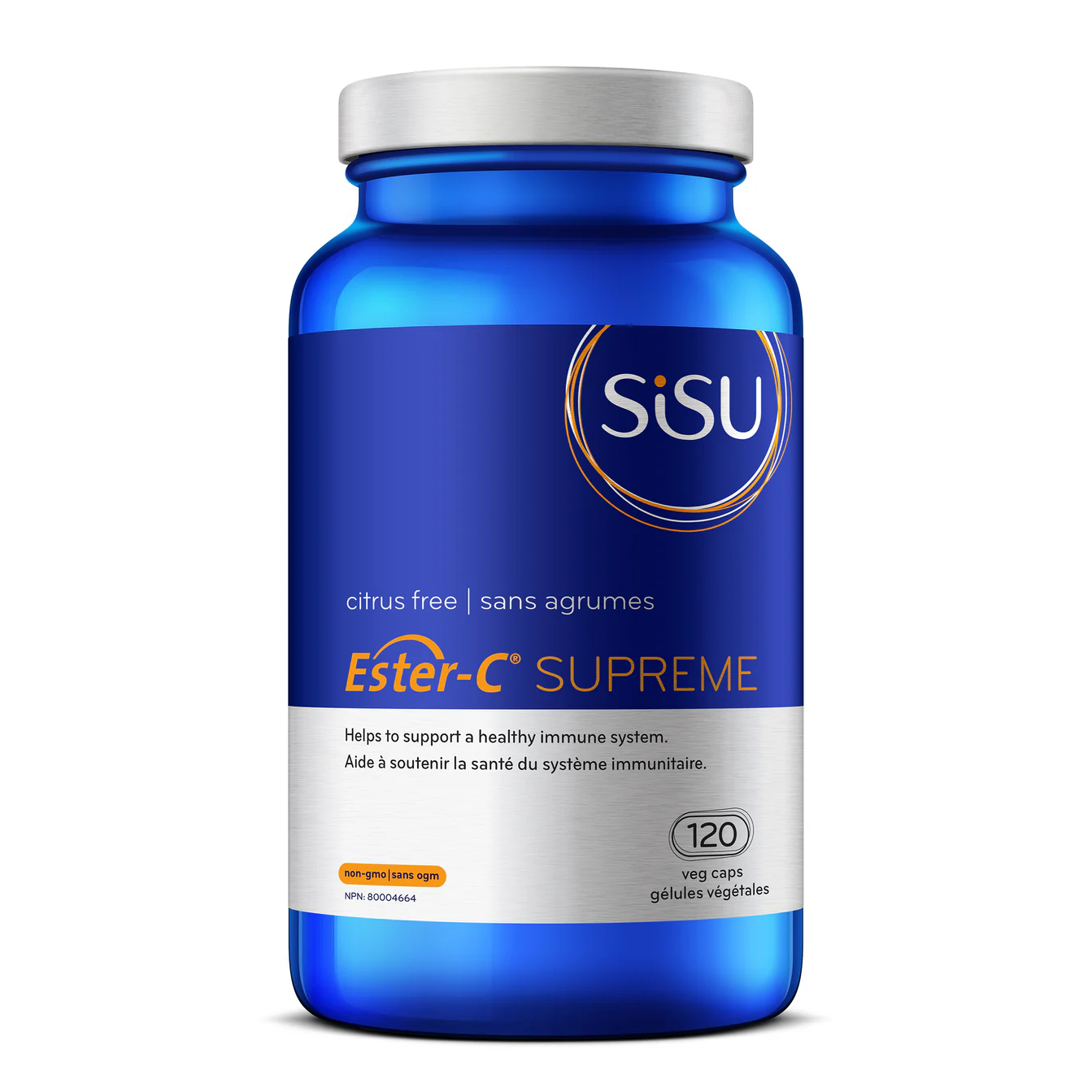 Blue supplement bottle labeled 'SISU Ester-C Supreme' on a white background natural vitamin direct canada natvd.com