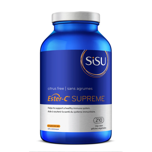 Blue supplement bottle labeled 'SISU Ester-C Supreme' on a white background sold in Canada by natvd.com
