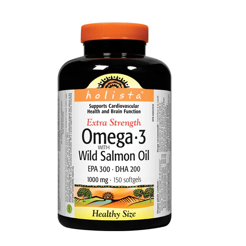 Holista Extra Strength Omega-3 with Wild Salmon Oil supplement bottle on a white background Natural Vitamin Direct Online sales