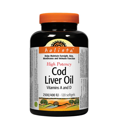 Holista Cod Liver Oil supplement bottle on a white background