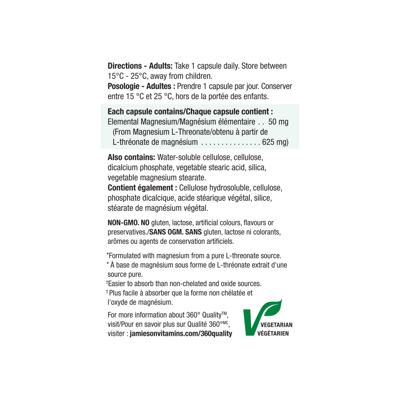 Jamieson 100% Pure Magnesium L-Threonate 50mg 60 Capsules